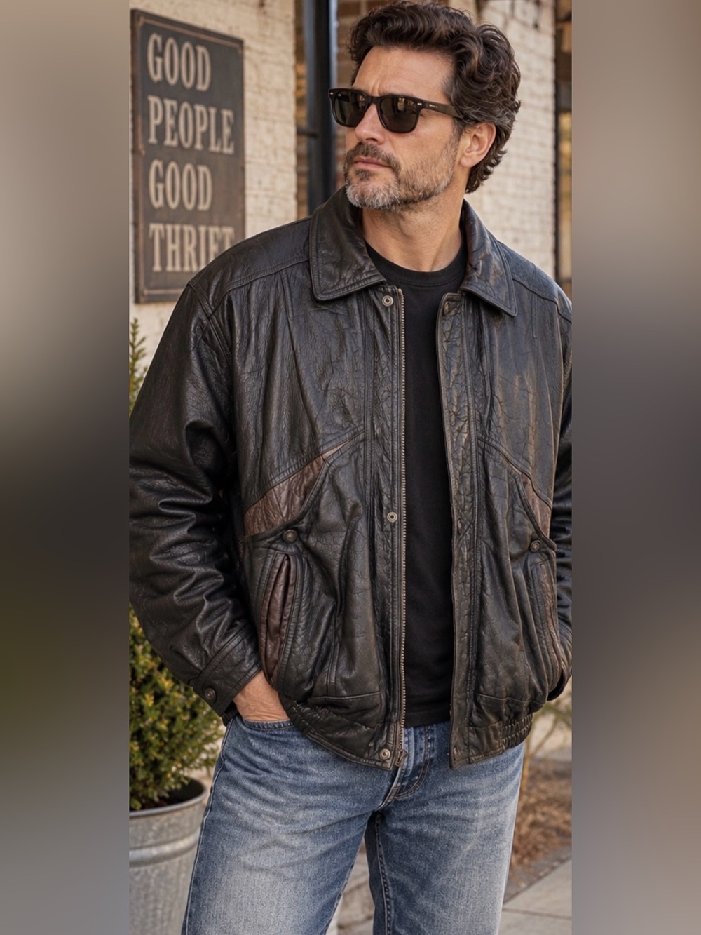 Charles Klein Vintage Genuine Leather Bomber Jacket Black Brown